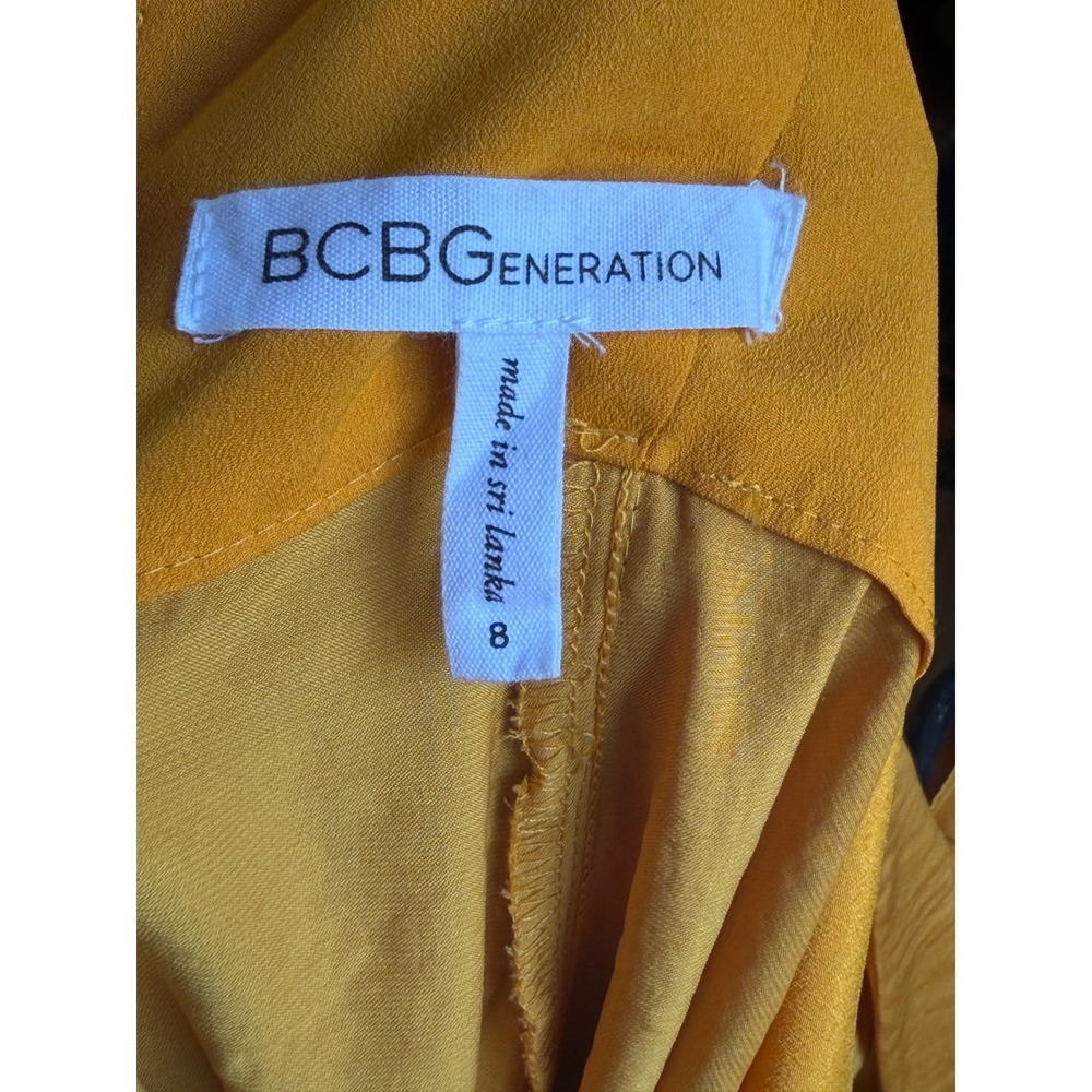 BCBGeneration Mustard Yellow Ruffle Deep V-Back Handkerchief Hem Dress Size 8 - Picture 4 of 6